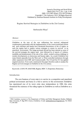Regime Survival Strategies in Zimbabwe in the 21St Century Simbarashe Moyo1 Introduction the Core Business of Every State Is To