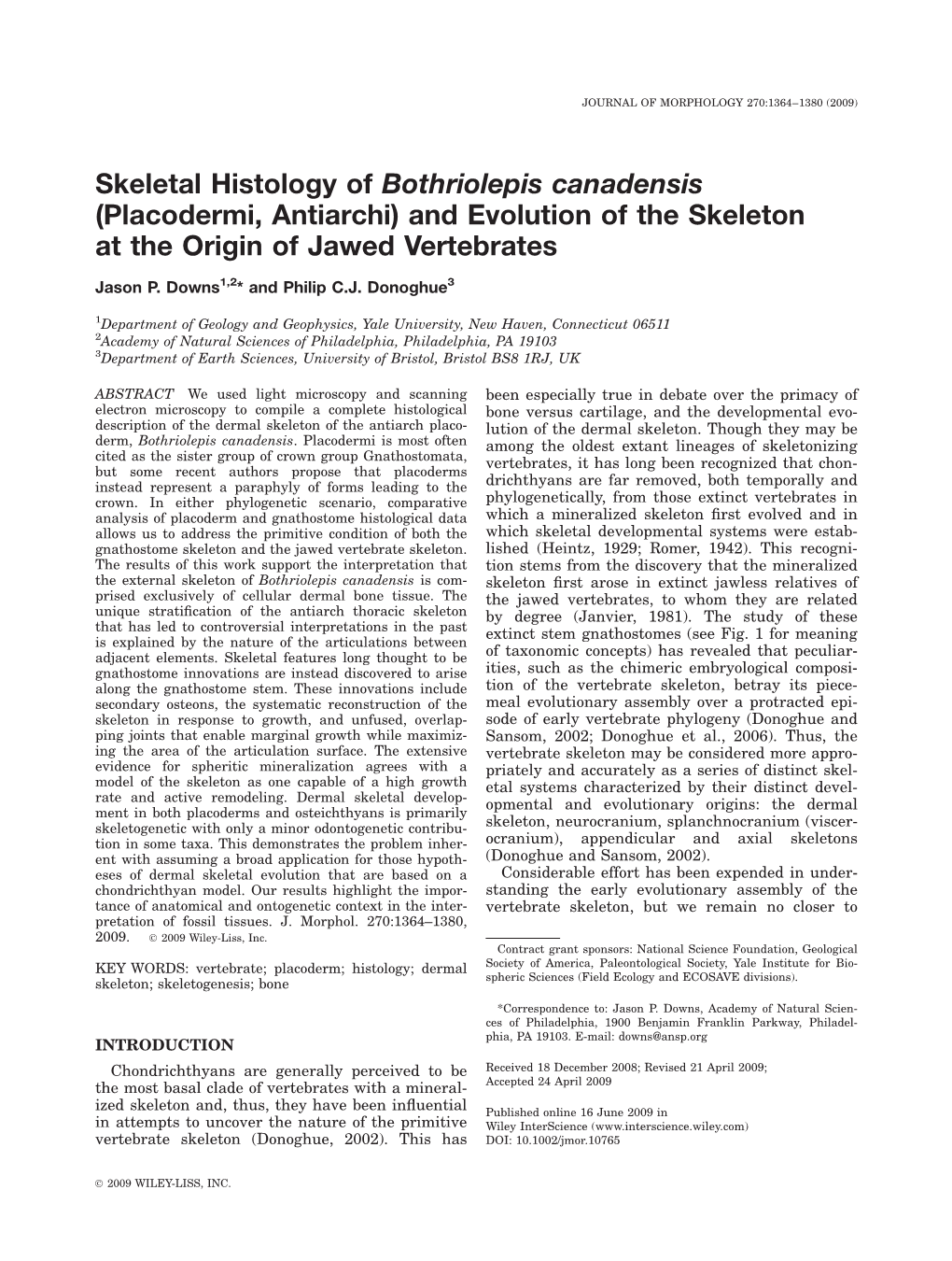 Skeletal Histology of Bothriolepis Canadensis (Placodermi, Antiarchi