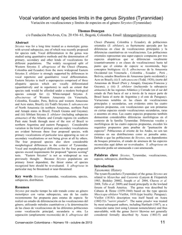 Vocal Variation and Species Limits in the Genus Sirystes (Tyrannidae) Variación En Vocalizaciones Y Límites De Especies En El Género Sirystes (Tyrannidae)