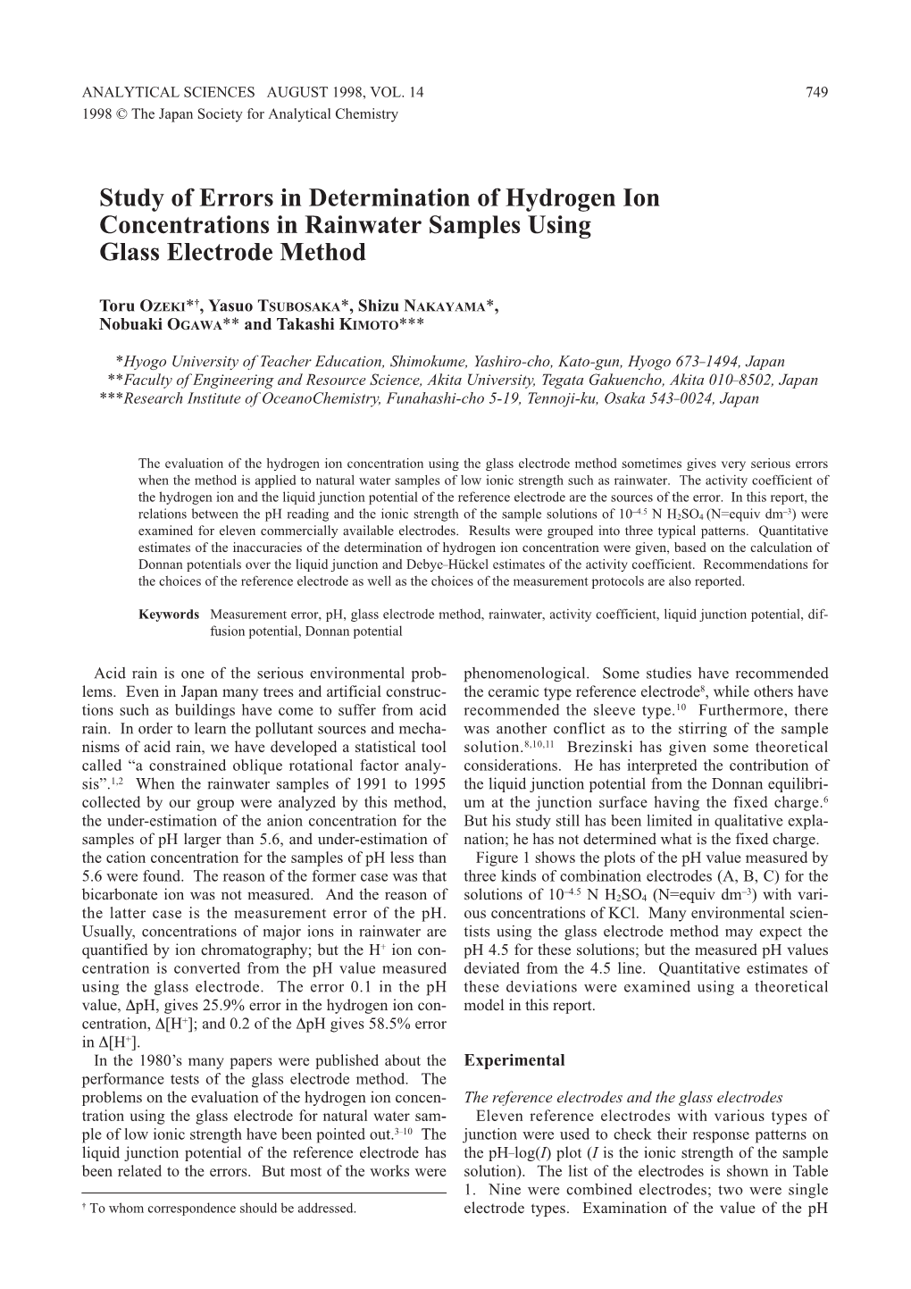 Study of Errors in Determination of Hydrogen Ion Concentrations in Rainwater Samples Using Glass Electrode Method