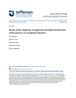 Review Article: Diagnosis, Management and Patient Perspectives of the Spectrum of Constipation Disorders