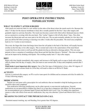 Post Operative Instructions Tonsillectomy