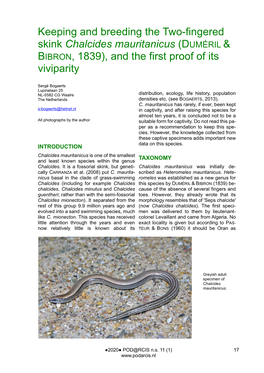 Keeping and Breeding the Two-Fingered Skink Chalcides Mauritanicus (DUMÉRIL & BIBRON, 1839), and the First Proof of Its Viviparity