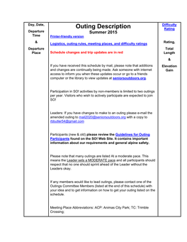 Outing Description Rating Departure Summer 2015 Time Printer-Friendly Version