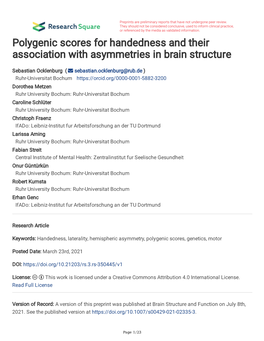Polygenic Scores for Handedness and Their Association with Asymmetries in Brain Structure