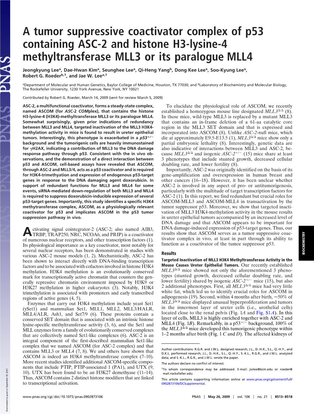 A Tumor Suppressive Coactivator Complex of P53 Containing ASC-2 and Histone H3-Lysine-4 Methyltransferase MLL3 Or Its Paralogue MLL4