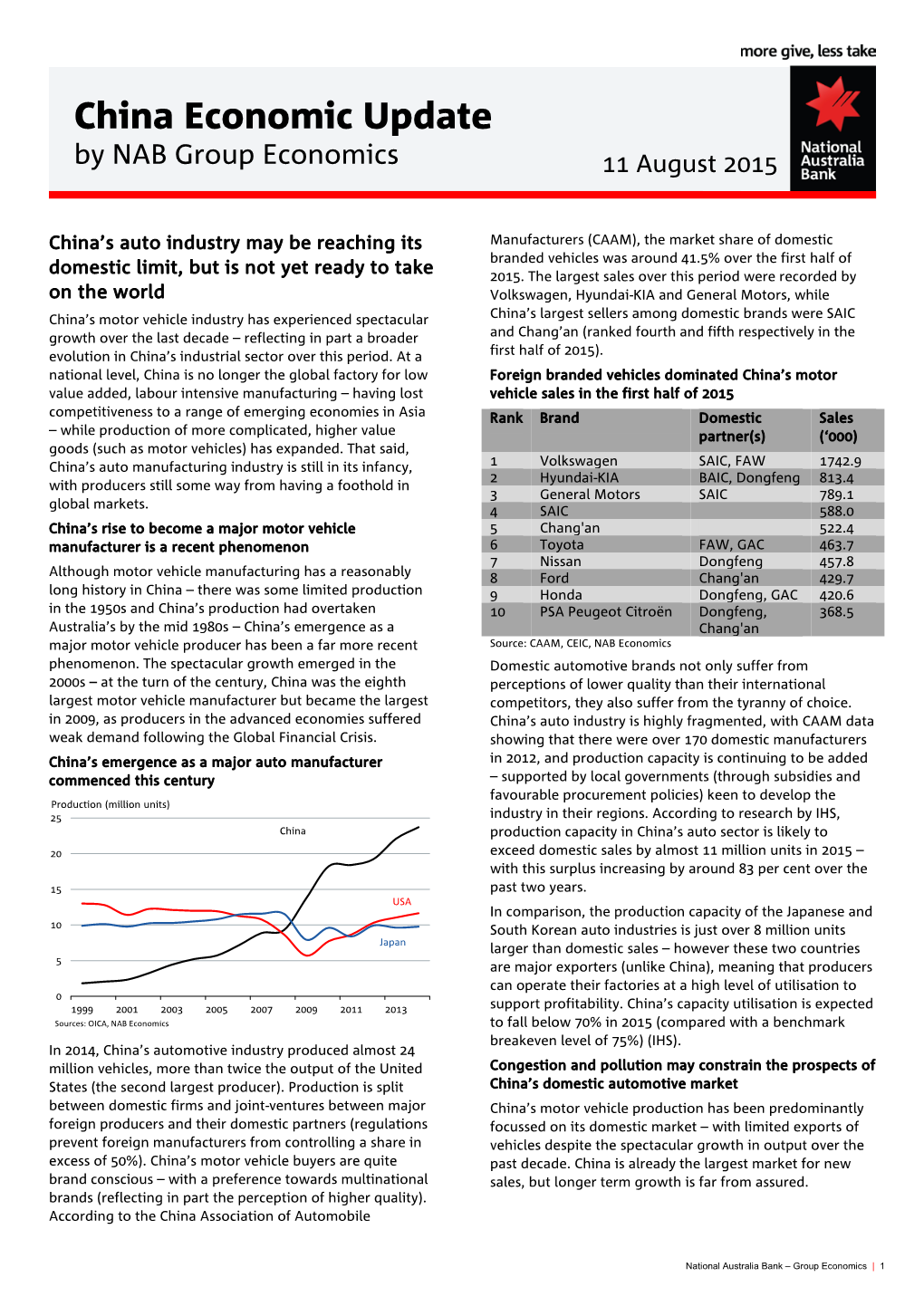 China Economic Update by NAB Group Economics 11 August 2015