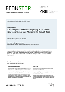 Karl Menger's Unfinished Biography of His Father: New Insights Into Carl Menger's Life Through 1889
