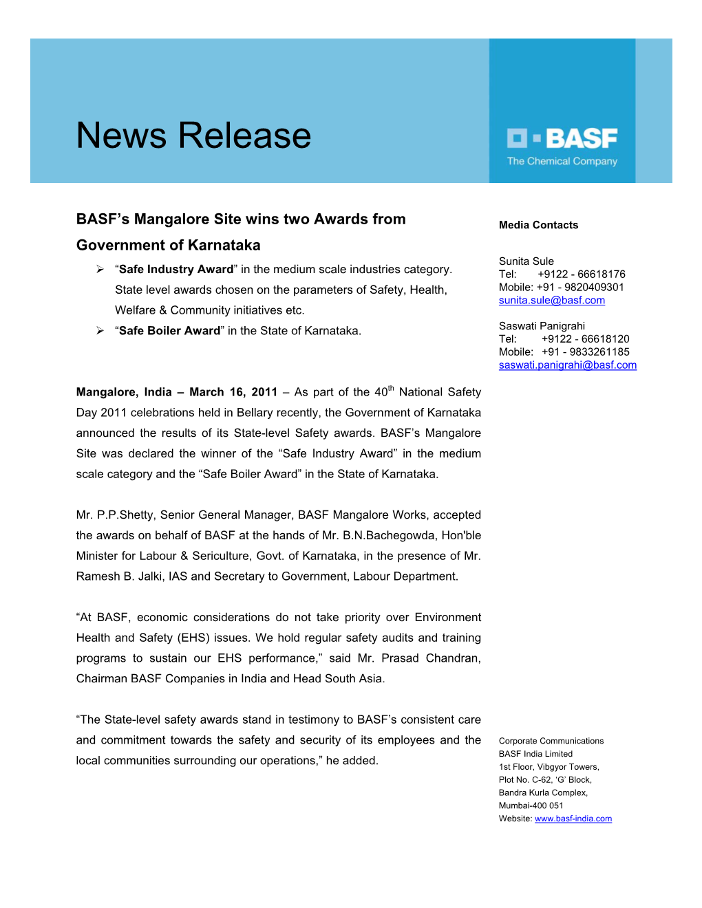 2011: BASF Mangalore Site Awards