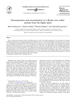 Overexpression and Reconstitution of a Rieske Iron–Sulfur Protein from the Higher Plant