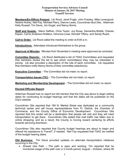 Transportation Services Advisory Council Minutes of January 20, 2017 Meeting Transit Services Members/Ex-Officio Present