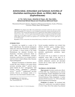 Antimicrobial, Antioxidant and Cytotoxic Activities of Glochidion Multiloculare (Roxb