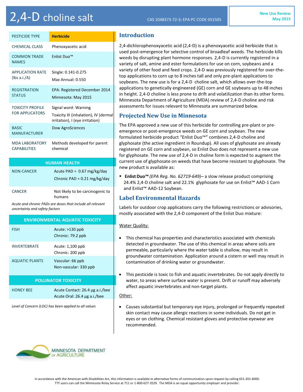 2,4-D Choline Salt CAS 1048373-72-3; EPA PC CODE 051505 May 2015