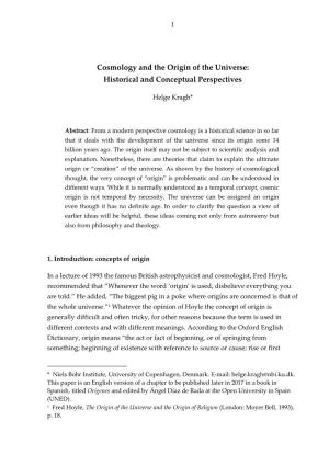 Cosmology and the Origin of the Universe: Historical and Conceptual Perspectives