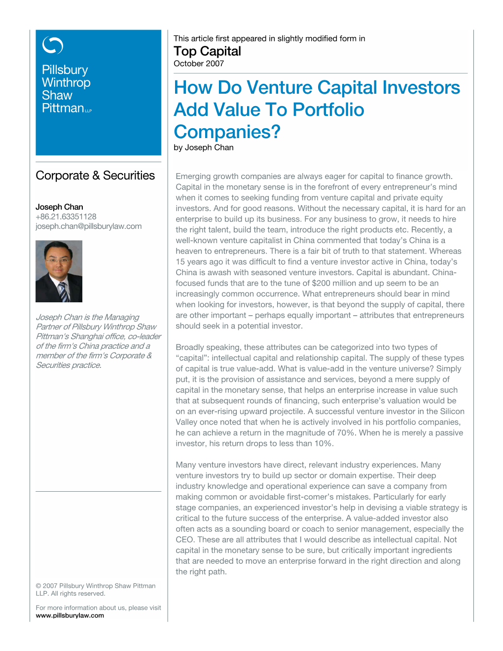 How Do Venture Capital Investors Add Value to Portfolio Companies? by Joseph Chan