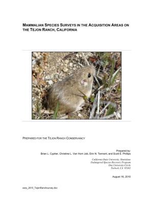 Mammalian Species Surveys in the Acquisition Areas on the Tejon Ranch, California