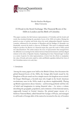 El Dorado in the Stock Exchange: the Financial Boom of the 1820S in London and the Birth of Colombia