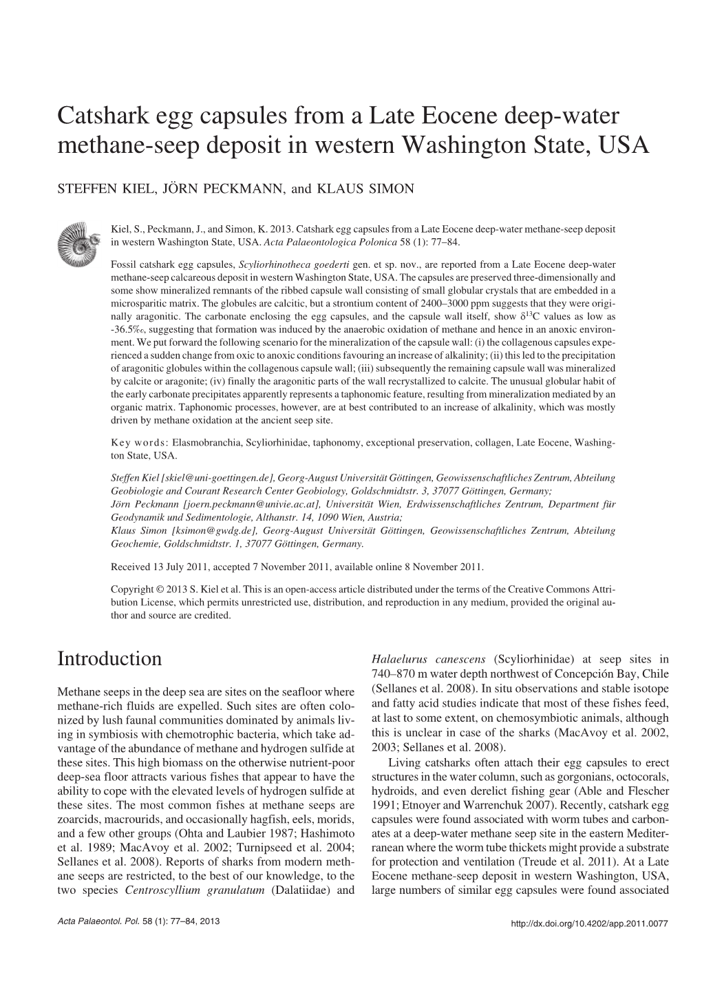 Catshark Egg Capsules from a Late Eocene Deep−Water Methane−Seep Deposit in Western Washington State, USA