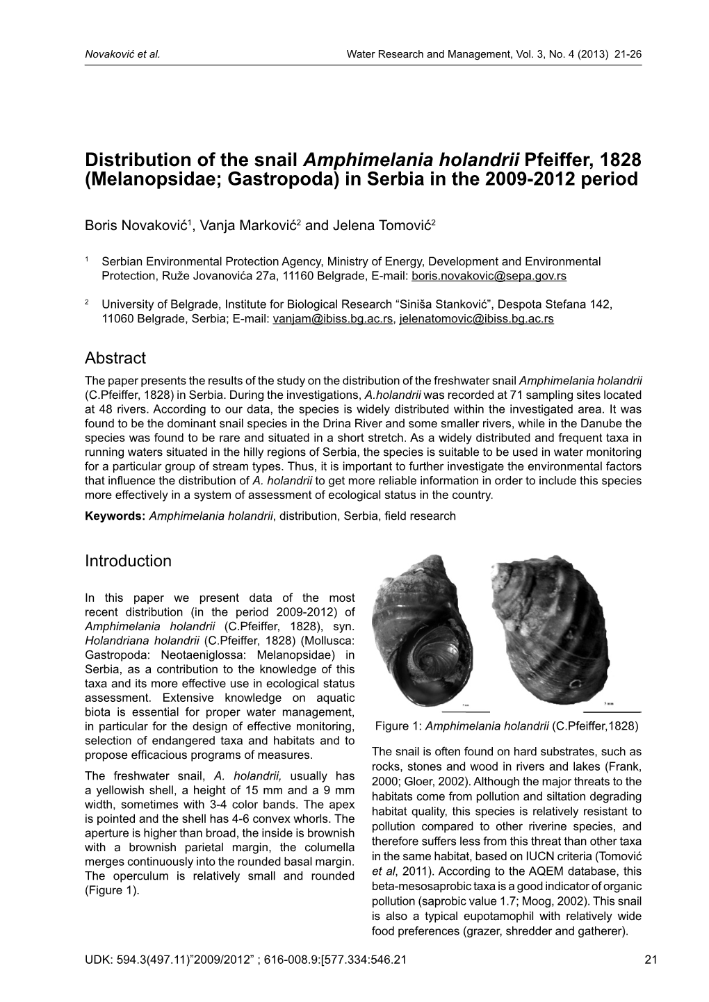 Distribution of the Snail Amphimelania Holandrii Pfeiffer, 1828 (Melanopsidae; Gastropoda) in Serbia in the 2009-2012 Period