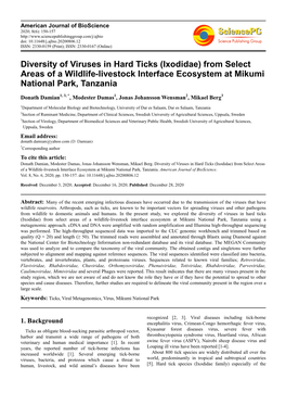Diversity of Viruses in Hard Ticks (Ixodidae) from Select Areas of a Wildlife-Livestock Interface Ecosystem at Mikumi National Park, Tanzania