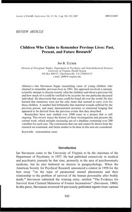 Children Who Claim to Remember Previous Lives: Past, Present, and Future ~Esearch'