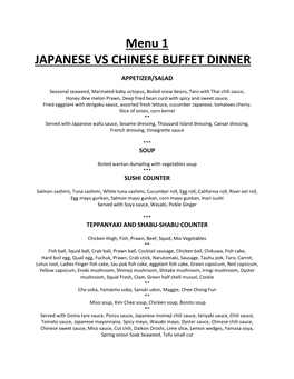 Menu 1 JAPANESE VS CHINESE BUFFET DINNER