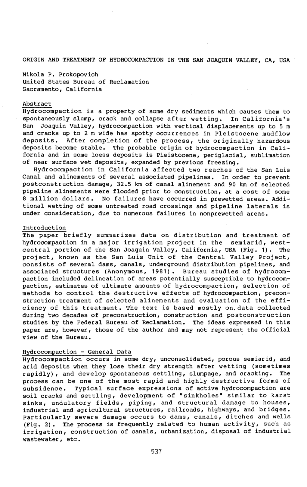 Origin and Treatment of Hydrocompaction in the San Joaquin Valley, Ca, Usa