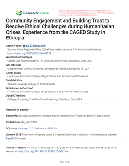 Community Engagement and Building Trust to Resolve Ethical Challenges During Humanitarian Crises: Experience from the CAGED Study in Ethiopia