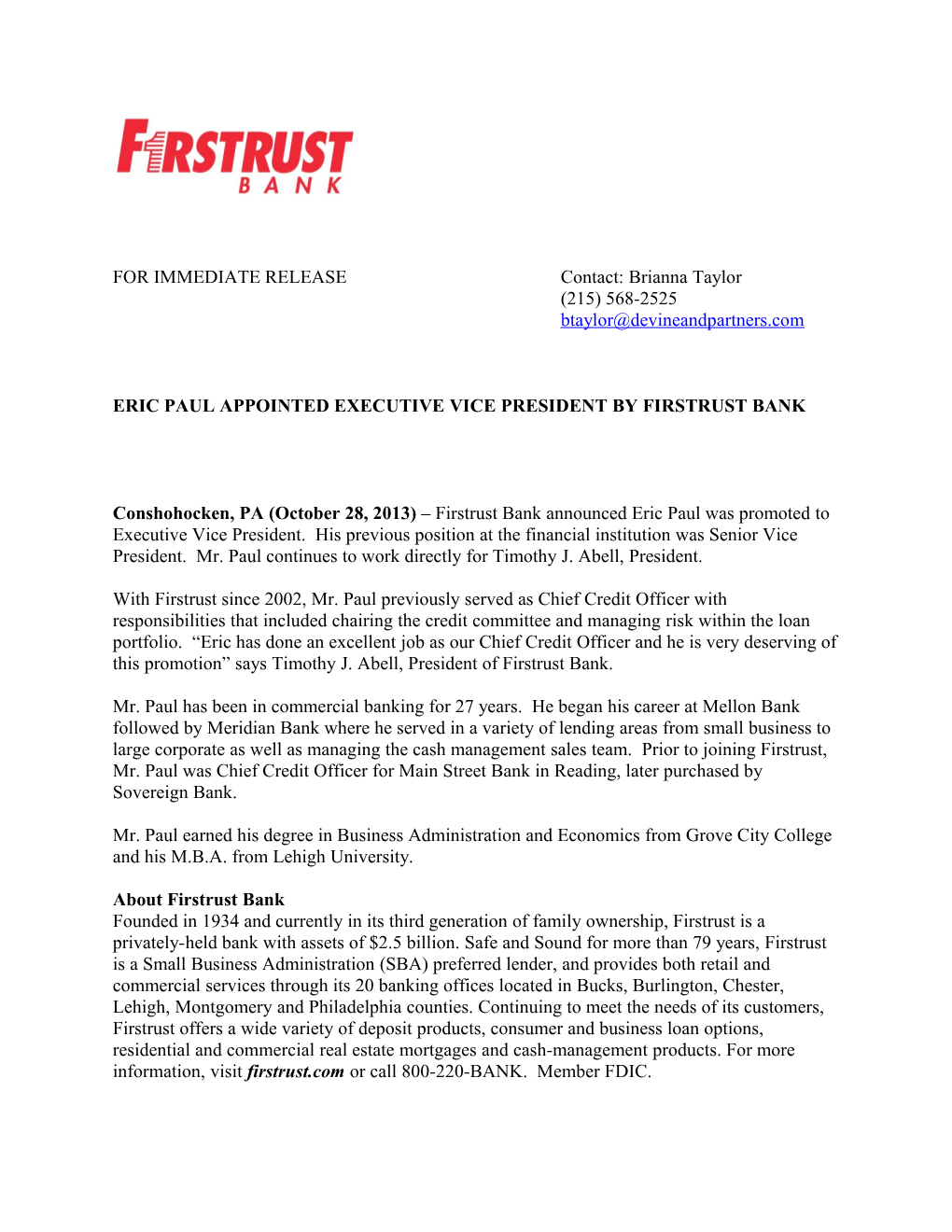 Eric Paul Appointed Executive Vice President by Firstrust Bank