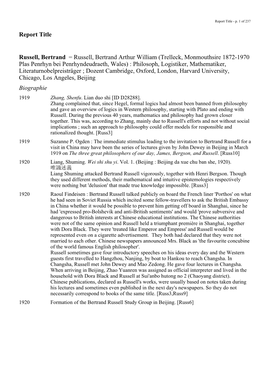 Report Title Russell, Bertrand = Russell, Bertrand Arthur William (Trelleck, Monmouthsire 1872-1970 Plas Penrhyn Bei Penrhyndeud