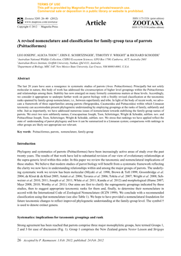 A Revised Nomenclature and Classification for Family-Group Taxa of Parrots (Psittaciformes)