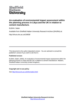 An Evaluation of Environmental Impact Assessment Within the Planning Process in Libya and the UK in Relation to Cement Manufacture