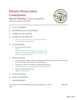 Historic Preservation Commission Special Meeting * Waxhaw Meeting Place January 25, 2017 @ 6:00 PM