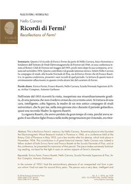 Ricordi Di Fermi1 Recollections of Fermi1 Il Colle Di Galileo