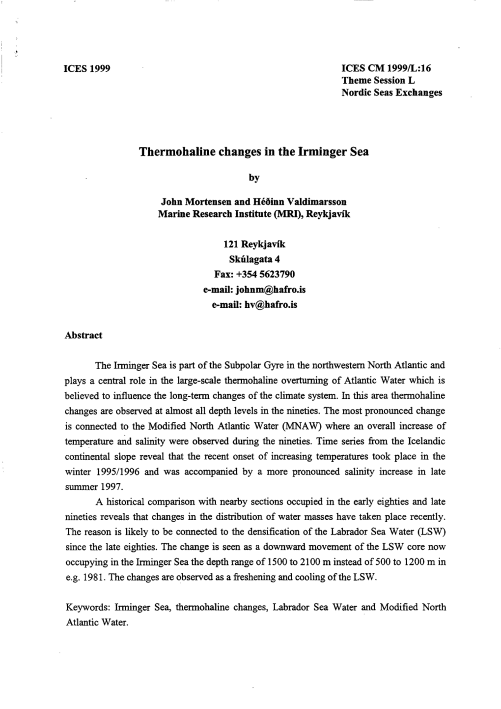 Thermohaline Changes in the Irminger Sea