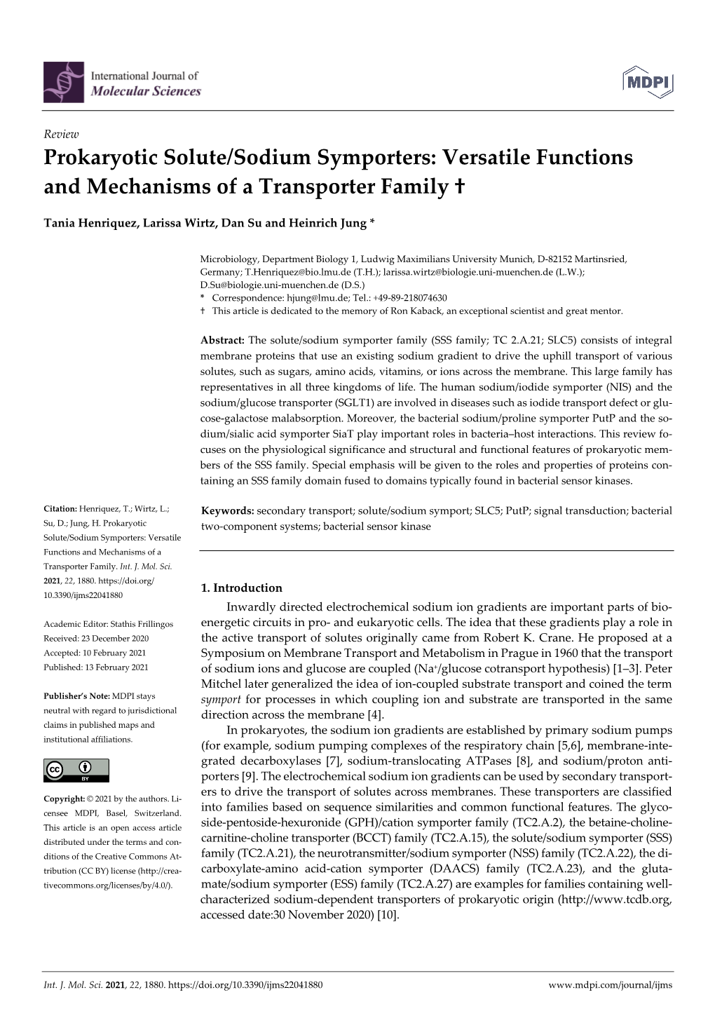 Prokaryotic Solute/Sodium Symporters: Versatile Functions and Mechanisms of a Transporter Family †