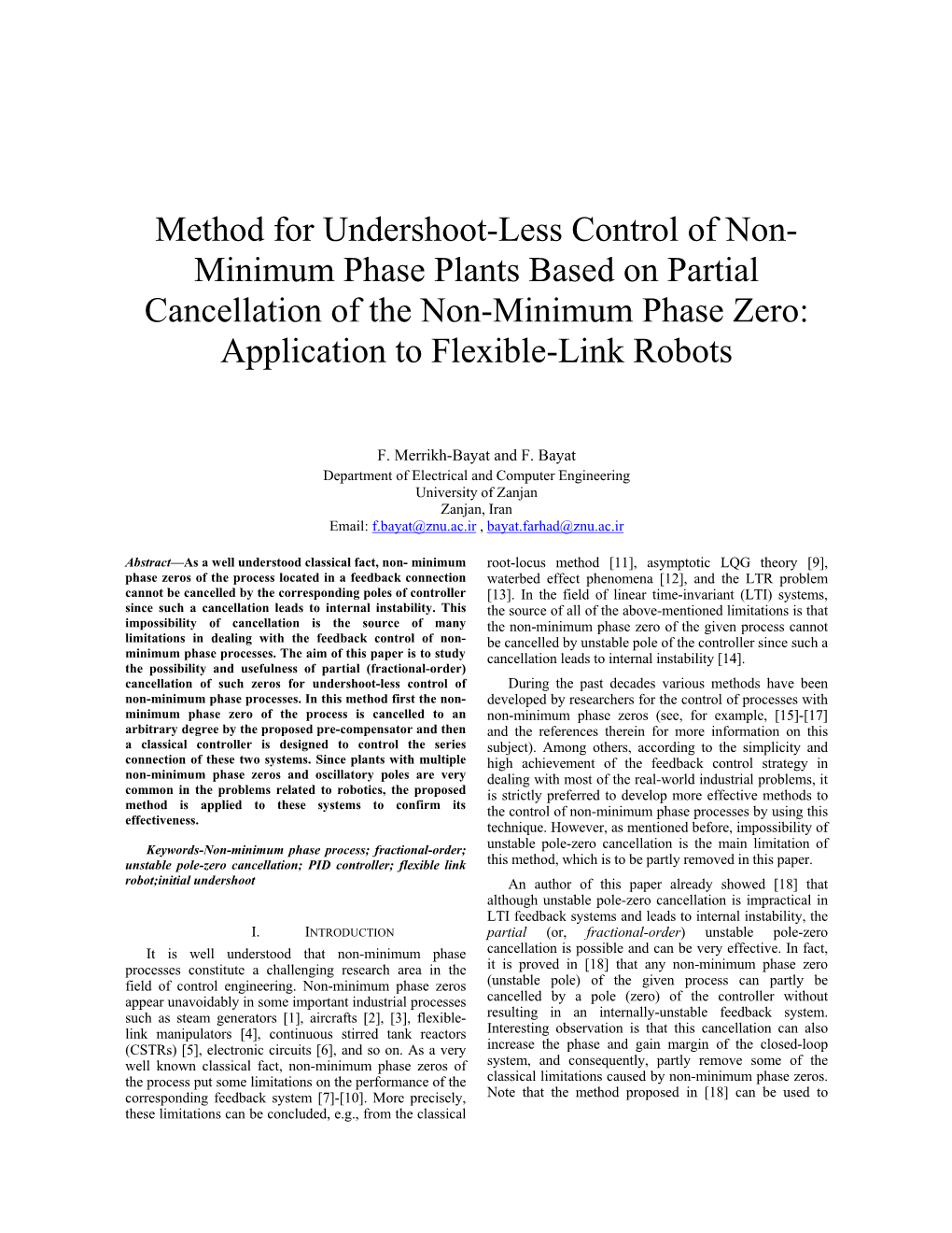 Method for Undershoot-Less Control of Non- Minimum Phase Plants Based on Partial Cancellation of the Non-Minimum Phase Zero: Application to Flexible-Link Robots