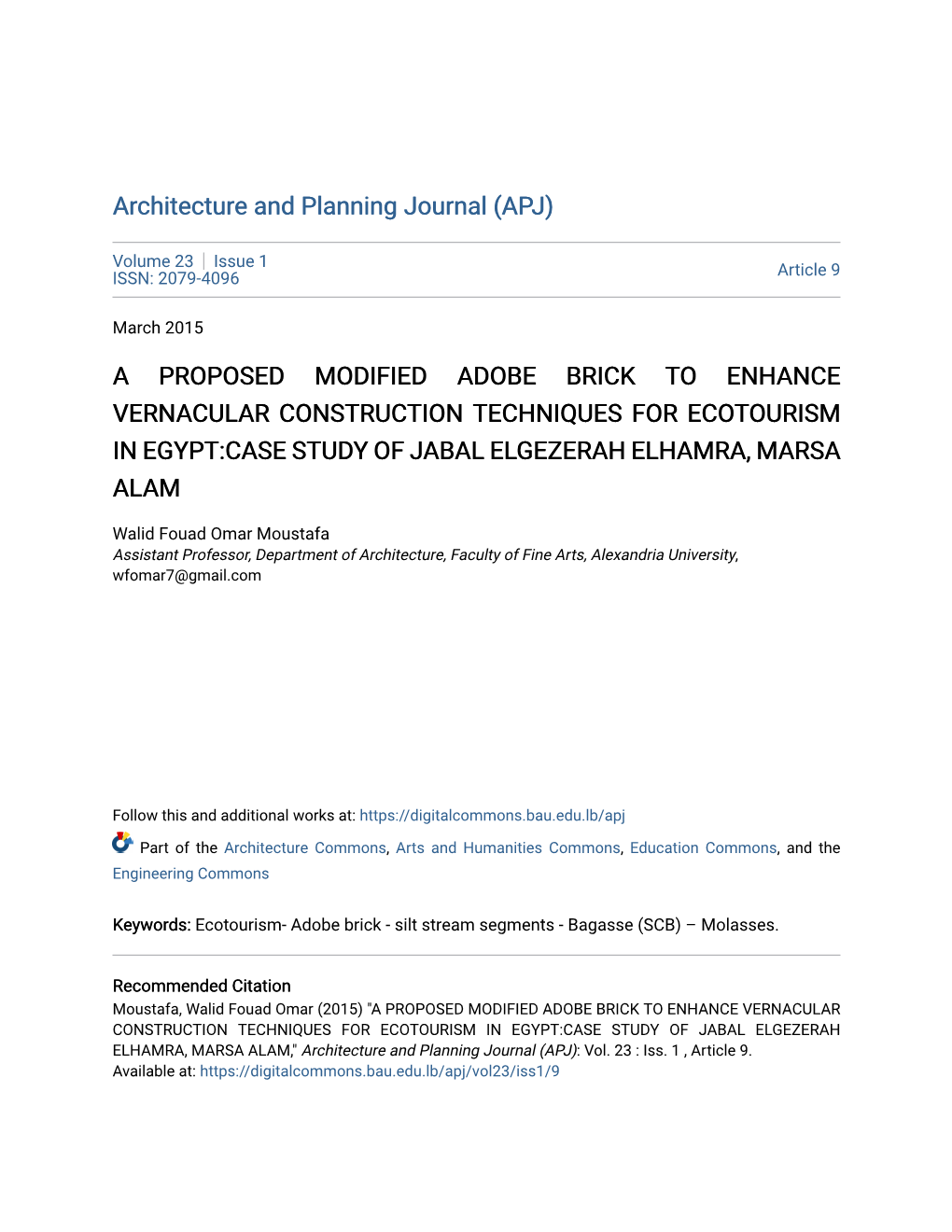 A Proposed Modified Adobe Brick to Enhance Vernacular Construction Techniques for Ecotourism in Egypt:Case Study of Jabal Elgezerah Elhamra, Marsa Alam
