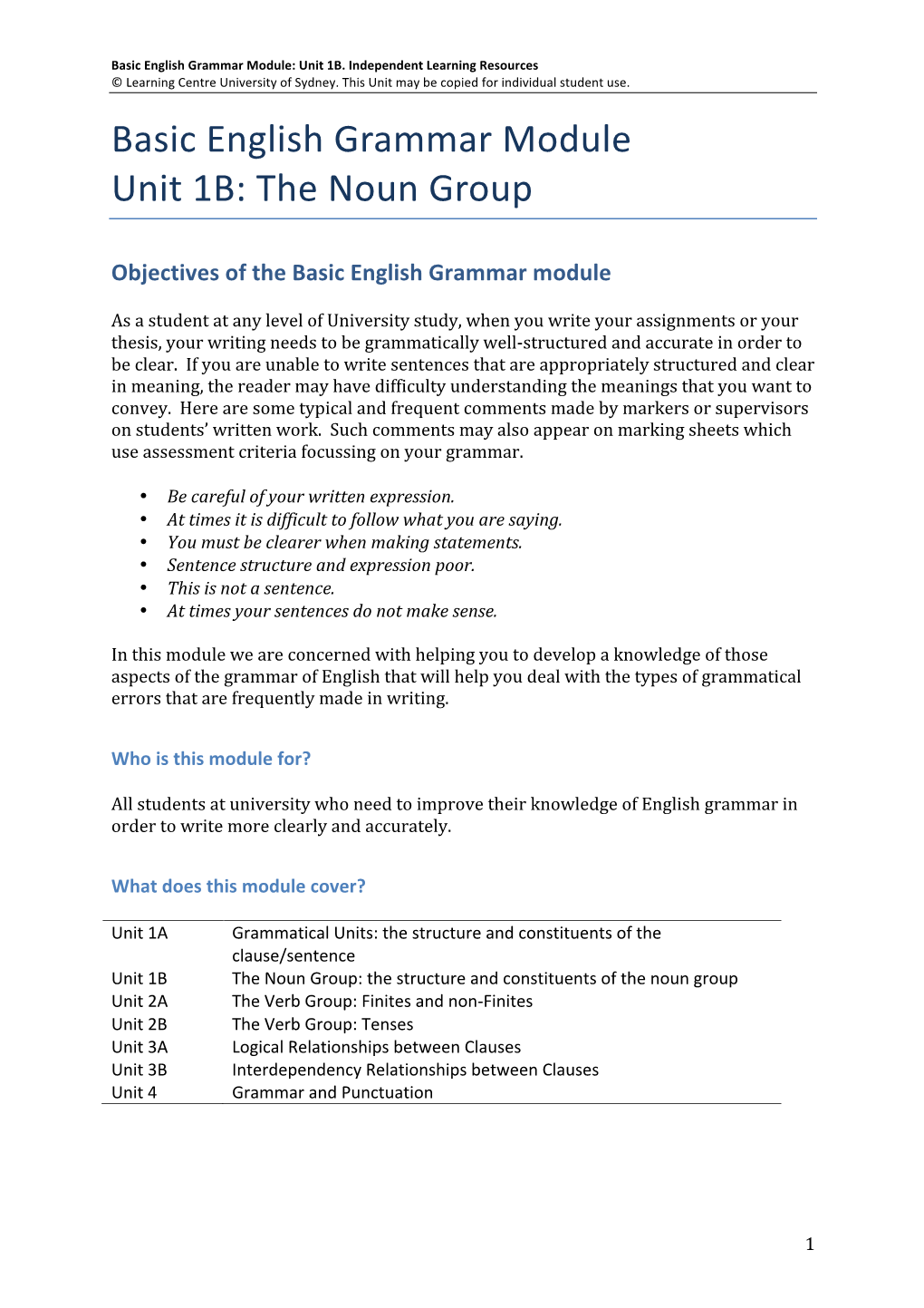 Basic English Grammar Module Unit 1B: the Noun Group