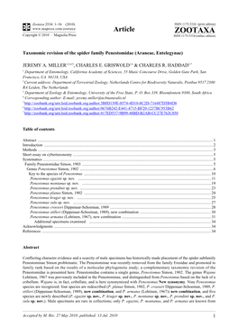 Zootaxa, Taxonomic Revision of the Spider Family Penestomidae (Araneae, Entelegynae)