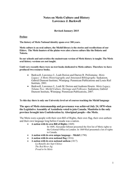 Notes on Metis Culture and History Lawrence J. Barkwell