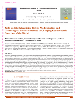 Gold and Its Determining Role in Modernization and Technological Processes Related to Changing Geo-Economic Structure of the World