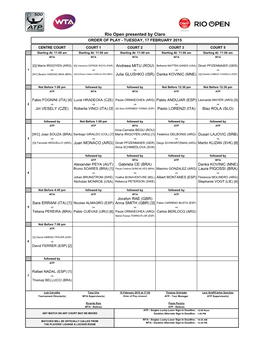 Rio Open Presented by Claro ORDER of PLAY - TUESDAY, 17 FEBRUARY 2015