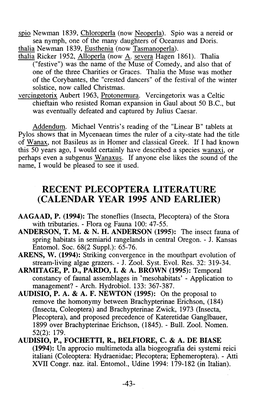 Recent Plecoptera Literature (Calendar Year 1995 and Earlier)