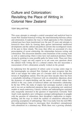Culture and Colonization: Revisiting the Place of Writing in Colonial New Zealand