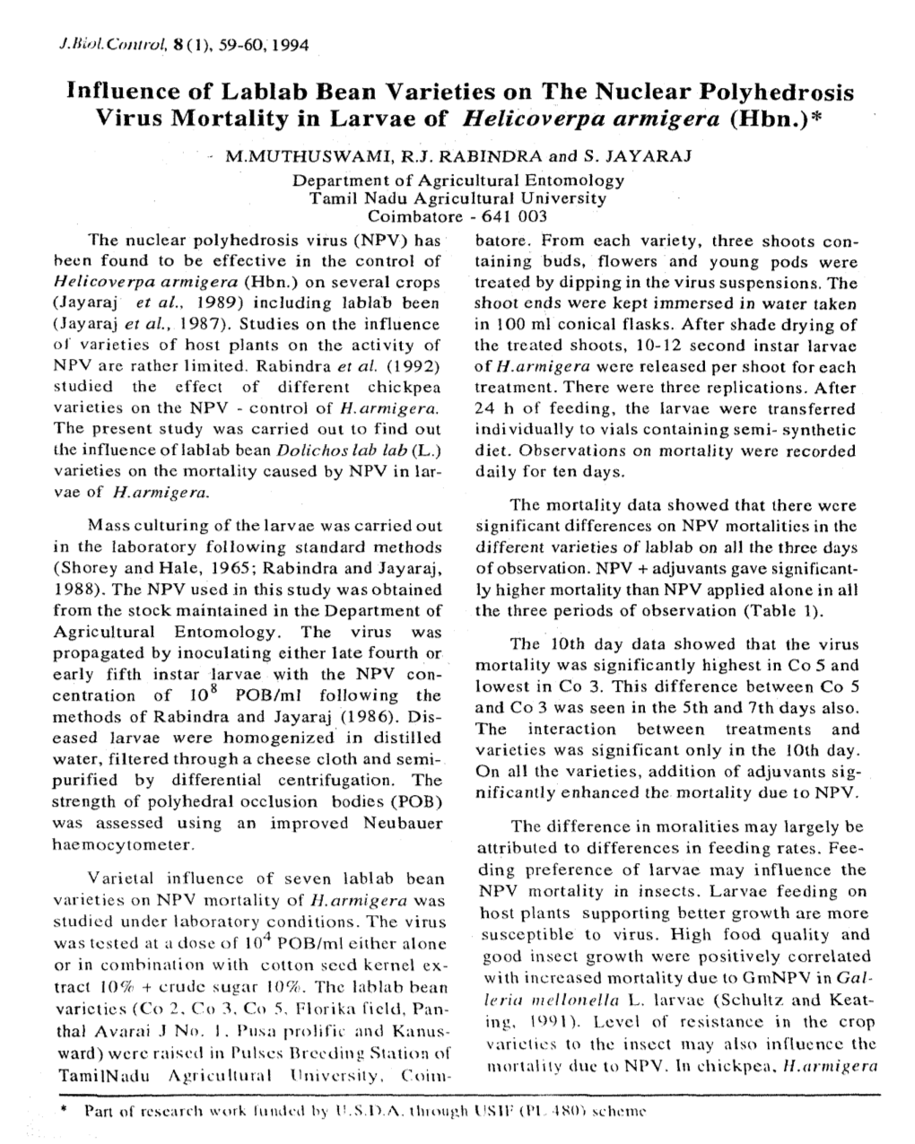 Influence of Lablab Bean Varieties on the Nuclear Polyhedrosis Virus Mortality in Larvae of Helicoverpa Armigera (Hbn.)*