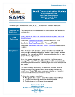 Supervisor Workspace: Bulk Case Reassignment Location Security Error May 26, 2016