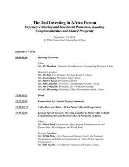 The 2Nd Investing in Africa Forum Experience Sharing and Investment Promotion, Building Complementarities and Shared Prosperity