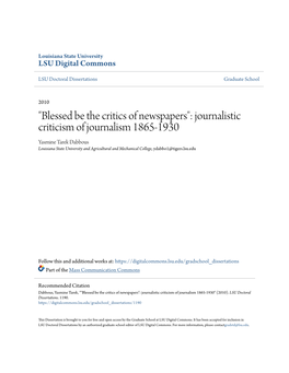 "Blessed Be the Critics of Newspapers": Journalistic Criticism of Journalism 1865-1930