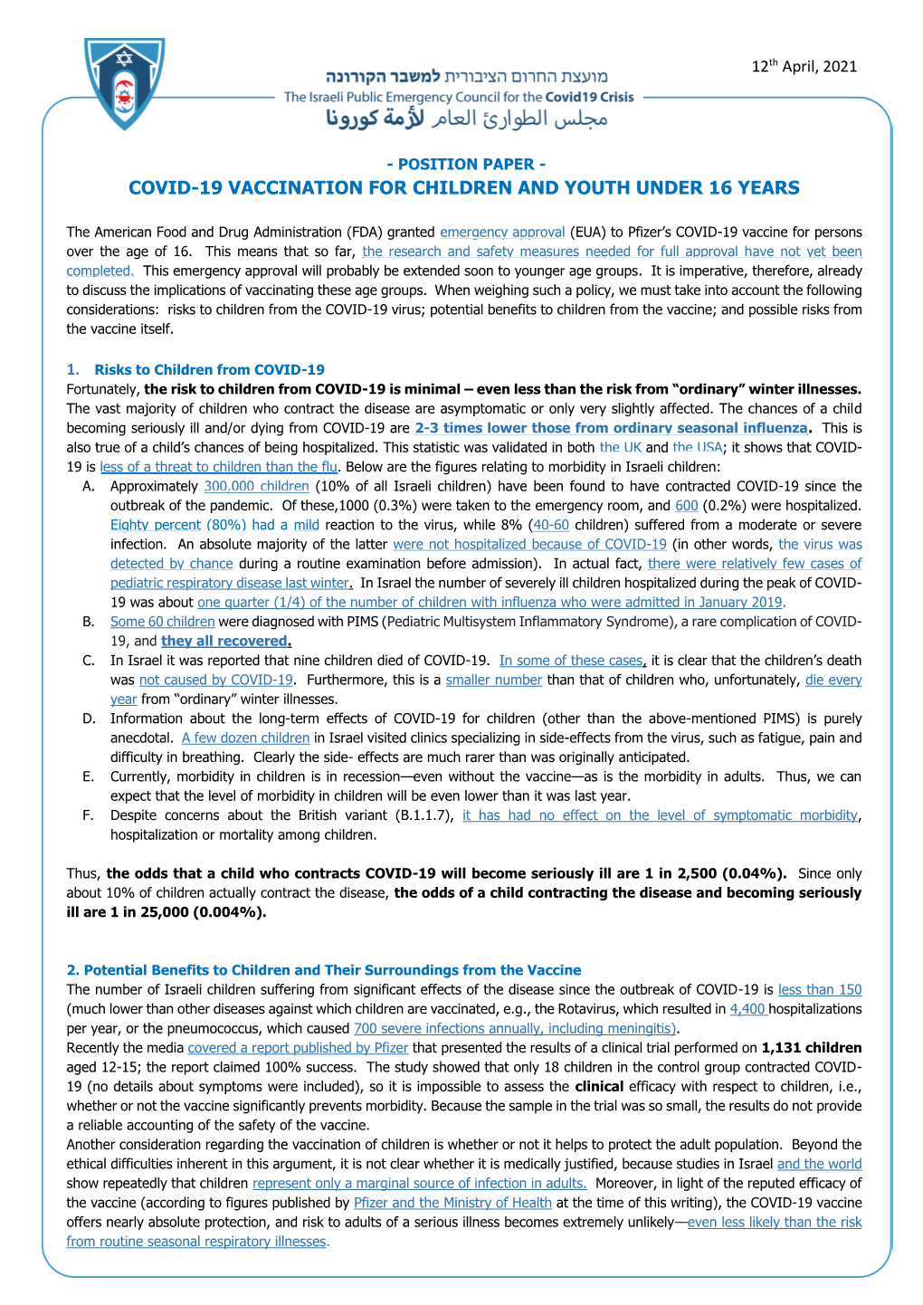 Covid-19 Vaccination for Children and Youth Under 16 Years